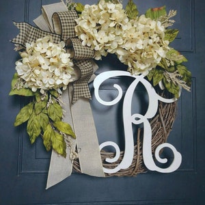 Wreath for Front Door Year Round- All Season Cream Hydrangea Wreath with Monogram - Grapevine Initial Wreath- Personalized Housewarming Gift