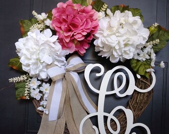 SPRING Wreath for Front Door, Monogram Wreath, Hydrangea Wreath, Couples Gift Wreath with Initial, Hydrangea Grapevine Wreath, Summer  Door
