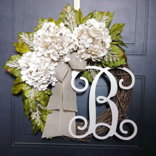 Wreath for Front Door Year Round - Cream Hydrangea Wreath with Monogram - Grapevine Wreath with Initial  - House Warming Gift - Couple Gift