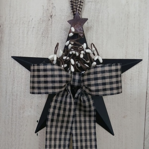 Farmhouse  8" Metal Barn Star, Country Ivory Pip Berries with Rusty Star, Black/Tan Gingham Bow, Farmhouse Decor - HANDCRAFTED