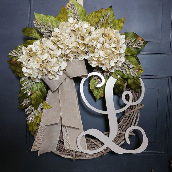 Wreath for Front Door Year Round - Couple Gift - Cream Hydrangea Wreath with Monogram - Grapevine Wreath with Initial  - House Warming Gift