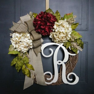 Year Round Cream and Burgundy Hydrangea Wreath - Customized Initial Wreath for Front Door - Hydrangea Wreath with Monogram - HANDCRAFTED