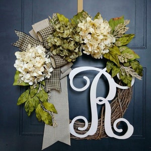 Year Round Wreath For Front Door, Everyday Hydrangea Wreath with Monogram, Housewarming Gift, Wreaths, Initial Wreath - HANDCRAFTED WREATH,