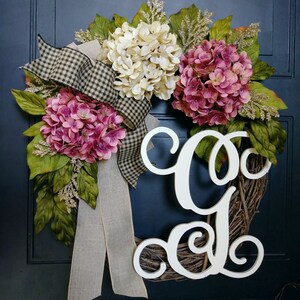 Spring Summer Wreath For Front Door - Year Round Cream and Rose Wreath - Hydrangea Wreath with Monogram - Personalized Initial Wreath -Gift