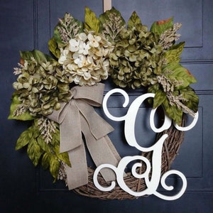 Year Round Wreath for Front Door, All Seaso Wreath with Monogram, Everyday Wreath with Initial, Hydrangea Wreaths, Housewarming Gift,Wreath