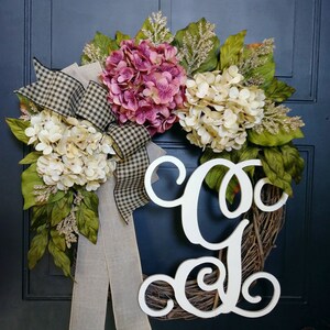 Spring Summer Wreath For Front Door - Everyday Cream and Rose Wreath - Hydrangea Wreath with Monogram - Personalized Initial Wreath - GIFT