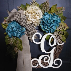 Spring Wreath For Front Door -  Cottage Blue - Hydrangea Wreath with Initial -  Monogram Front Door Wreath - Custom Gift Wreath - HANDMADE!