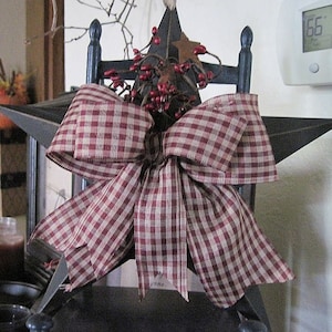 Farmhouse 12&quot; Black Metal Barn Star, Burgundy Pip Berries with Rusty Stars, Double Burgundy Gingham Bow, Country Primitive, HANDCRAFTED