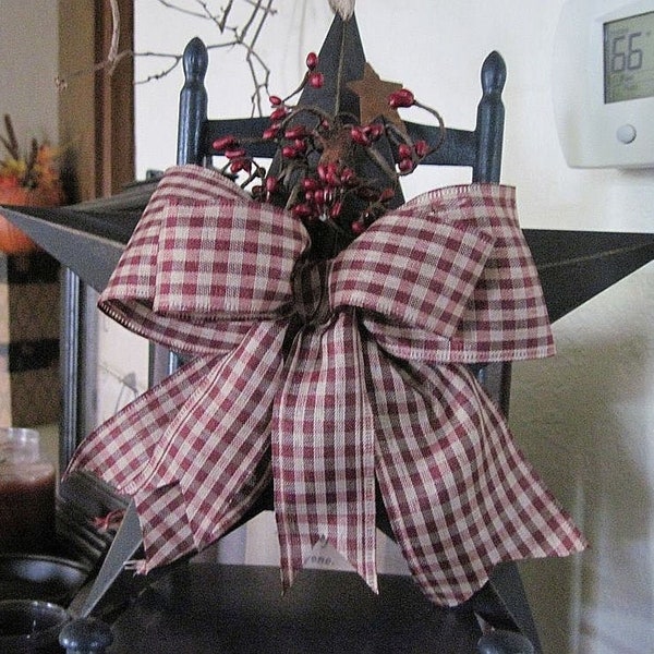 Farmhouse Country 12" Black Metal Star, Burgundy Pip Berries with Rusty Star, Double Gingham Bow, Farmhouse Decor - HANDCRAFTED