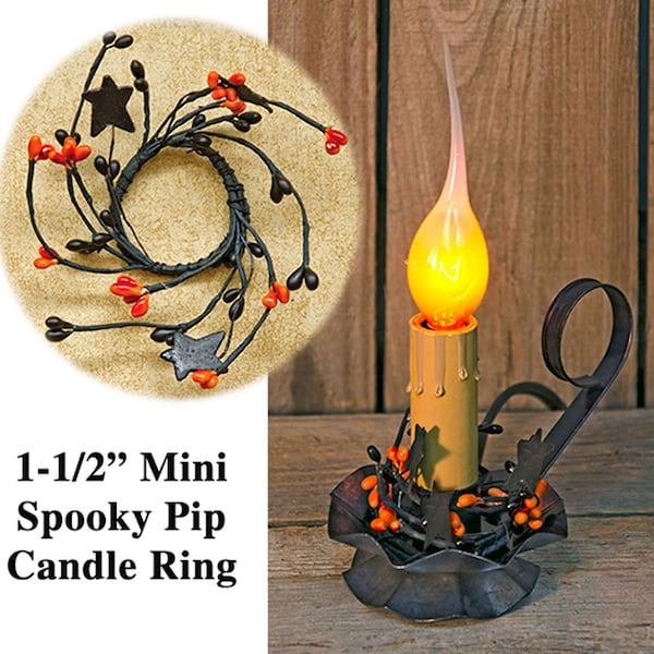 HALLOWEEN 4 Pip Berry Candle/Napkin Rings - Spooky Mix with Black Stars - Orange Black Berries - Wired Bendable - Halloween Decor - Country