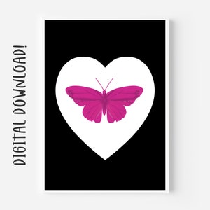 Puede incluir: Una mariposa rosa dentro de una forma de corazón blanca sobre un fondo negro.