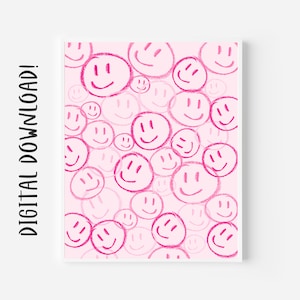 Smiley Face Poster, Happy Wall Decor, Pink Art Print
