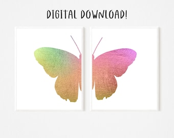 Pink and Green Preppy Butterfly Wall Art Set, Butterfly Print, Butterfly Art, Butterfly Poster, Butterfly Wall Decor
