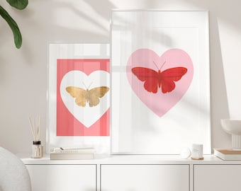 Affiche de papillon de corail, décor de mur de papillon, impression d'art de papillon, impression de mur d'or, ensemble de papillon