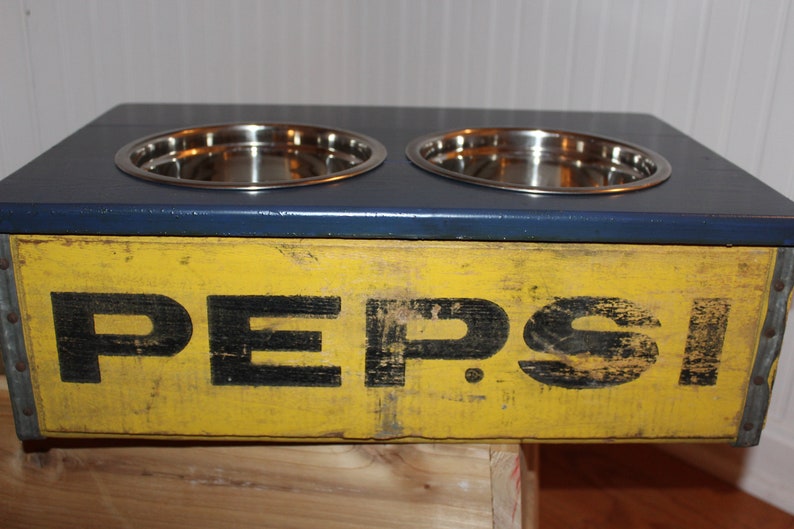 Pepsi-Cola Wood Soda Crate Dog Feeder with Bowls