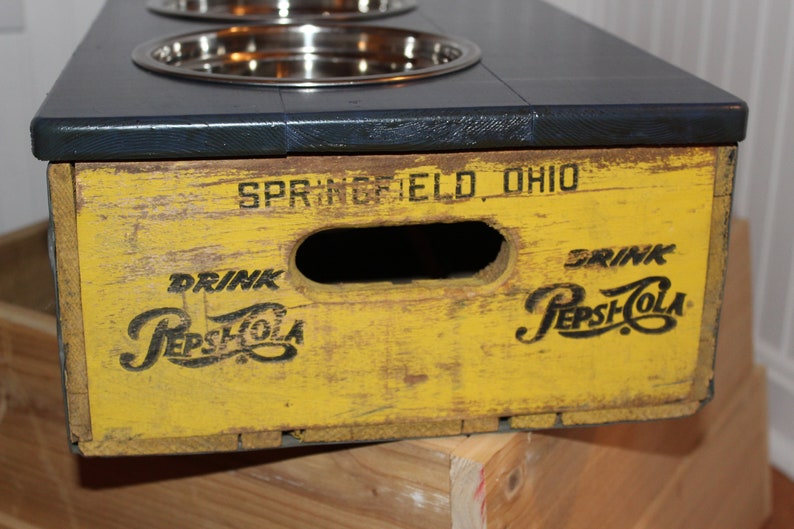 Pepsi-Cola Wood Soda Crate Dog Feeder with Bowls