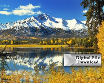 Alaska Mountain Reflections, Fall Colors, Alaska Range, Snow Covered Mountains, Digital High Resolution Printable Wall Art, Instant Download