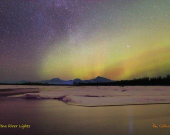 Alaska Northern Lights over Susitna River Print on Metal, Alaska Mountains and Northern Lights, Mt McKinley, Denali, Fine Art Photography