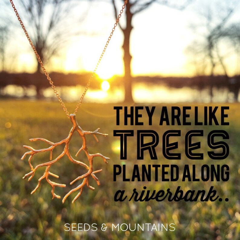 May include: A gold necklace with a tree branch pendant. The necklace is hanging in front of a blurry background of trees and a sunset. The text "They are like trees planted along a riverbank." is written in black letters on a white background.