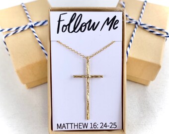 Christian gifts, Follow Me, long gold cross necklace, Christian necklace, Christian jewelry, gifts, gifts for Christian woman,cross necklace