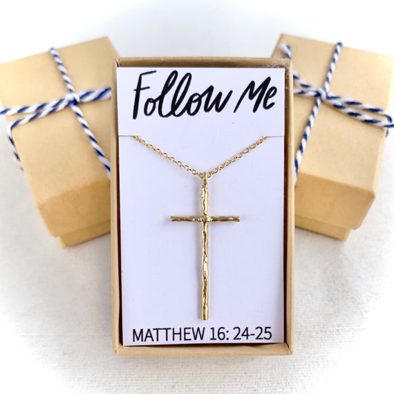Christian gifts, Follow Me, long gold cross necklace, Christian necklace, Christian jewelry, gifts, gifts for Christian woman,cross necklace