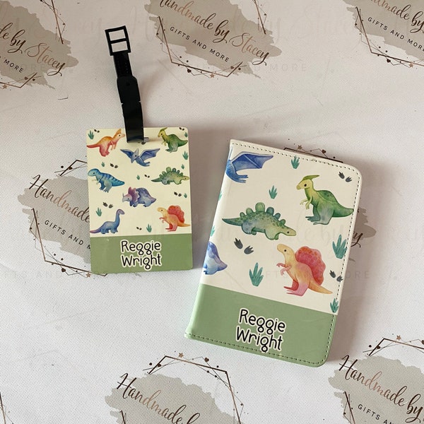 Personalised Childrens Passport Holder|Dinosaur Design PU Leather|Custom Text|MDF Luggage Tag|School Name Tag|Gift for Child|Travelling