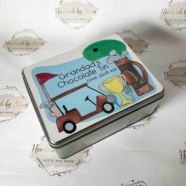 Personalised Novelty Metal Tin|Golf Sporting Design|Birthday Christmas Gift|Editable Text|Sweet Biscuit Box|Father's Day Treat Tin