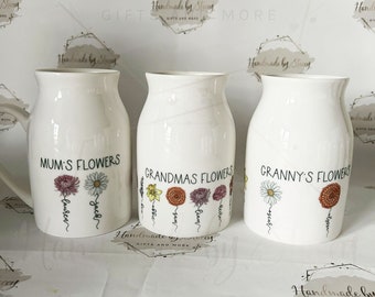 Personalised Birth Flower Jug|Ceramic Floral Vase|Grandparent Mothers Day Birthday Gift Idea for Her|Two Sizes|Limited Product