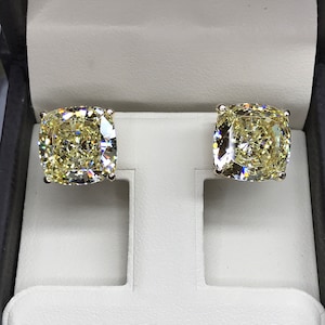 10.00 TCW Cushion Radiant Canary Yellow Man Made Diamond Stud Earrings White, Yellow Solid Gold 14k