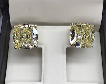10.00 TCW Cushion Radiant Canary Yellow Man Made Diamond Stud Earrings White, Yellow Solid Gold 14k