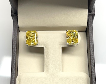 6.00 TCW  Radiant  Cut Fancy Canary Stud Man Made Diamond  Earrings White or Yellow Solid Gold 14k