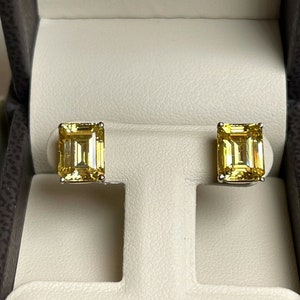 6.00 TCW  Emerald Cut Saturated Canary Stud Man Made Diamond  Earrings White or Yellow Solid Gold 14k