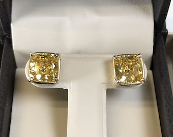 6.00 TCW Cushion Radiant Canary Yellow Man Made Diamond Stud Earrings White, Yellow Solid Gold 14k