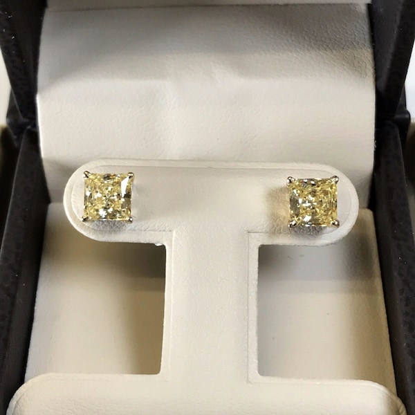 2.00 TCW Radiant Canary Yellow Princess Man Made Diamond Stud Earrings 14k White, Yellow Solid Gold