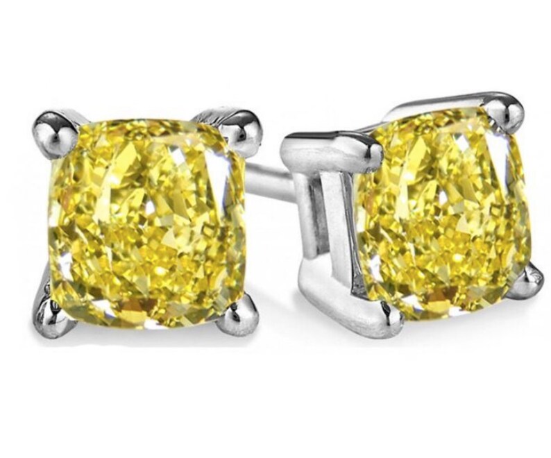 Yellow Gold 14k \u00a0Fancy Earrings Created 1.00 TCW Radiant Canary Yellow Cushion Diamond Stud Earrings White