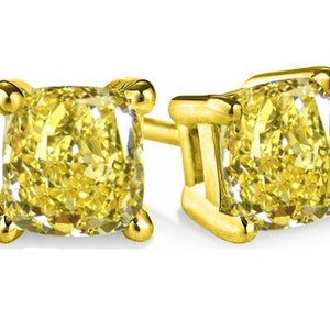 1.00 TCW Radiant Canary Yellow Cushion Man Made Diamond Stud Earrings White, Yellow Solid 14k Gold
