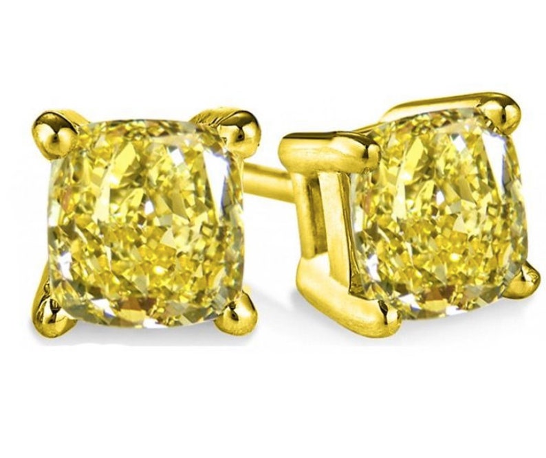 Yellow Gold 14k \u00a0Fancy Earrings Created 1.00 TCW Radiant Canary Yellow Cushion Diamond Stud Earrings White