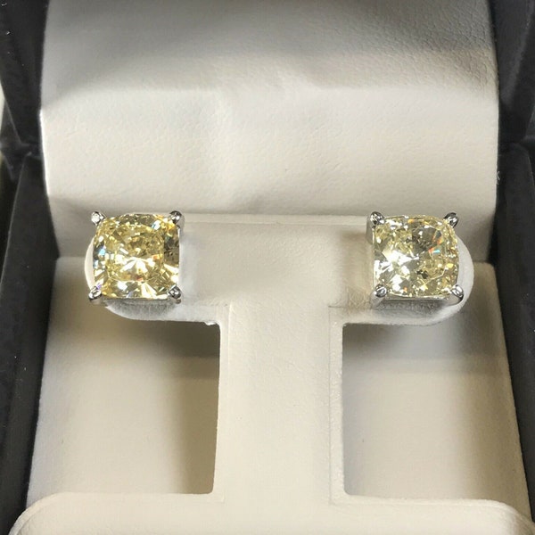 3.00 TCW Cushion Radiant Canary Yellow Man Made Diamond Stud Earrings White, Yellow Solid Gold 14k