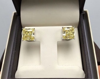 4.00 TCW Radiant Canary Yellow Princess Man Made Diamond Stud Earrings White, Yellow Solid Gold 14k