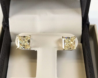 3.00 TCW Radiant Canary Yellow Princess Man Made Diamond Stud Earrings 14k White, Yellow Solid Gold