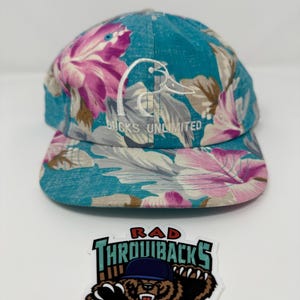 New Dead Stock Very Rare Vintage 1980s Ducks Unlimited One Duck Blue Pink Floral Snapback Hat