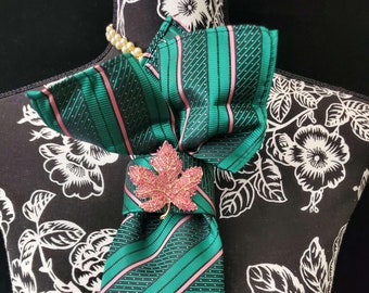 Ivy Brooch Women&#39;s Necktie Necklace - Pink and Green Stripe Handcrafted Statement Jewelry - Pink Ivy Brooch Necktie For Women