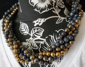 Handmade Blue Gold Dust Beaded Statement Necklace: Multi-Strand Twisted Design