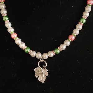 Pink and Green Pearl Necklace, Pearl Charm Necklace, Leaf Charm Necklace, Pink & Green Jewelry