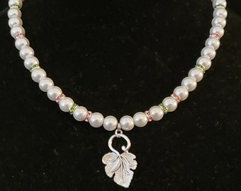 Handmade Pearl Necklace: Silver Leaf Charm, Pink & Green Rhinestone Accents