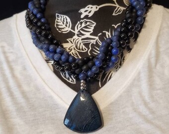 bib necklace online Black and Blue Multi-Strand Pendant Necklace, Lapis Lazuli Twisted Statement Necklace, Bib Necklace, Chunky Statement Necklace