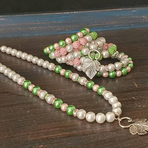 Pink and Green Leaf Charm Bracelet Stack with Necklace,  Pearl Necklace and Bracelet Set, Elegant Pink & Green Jewelry