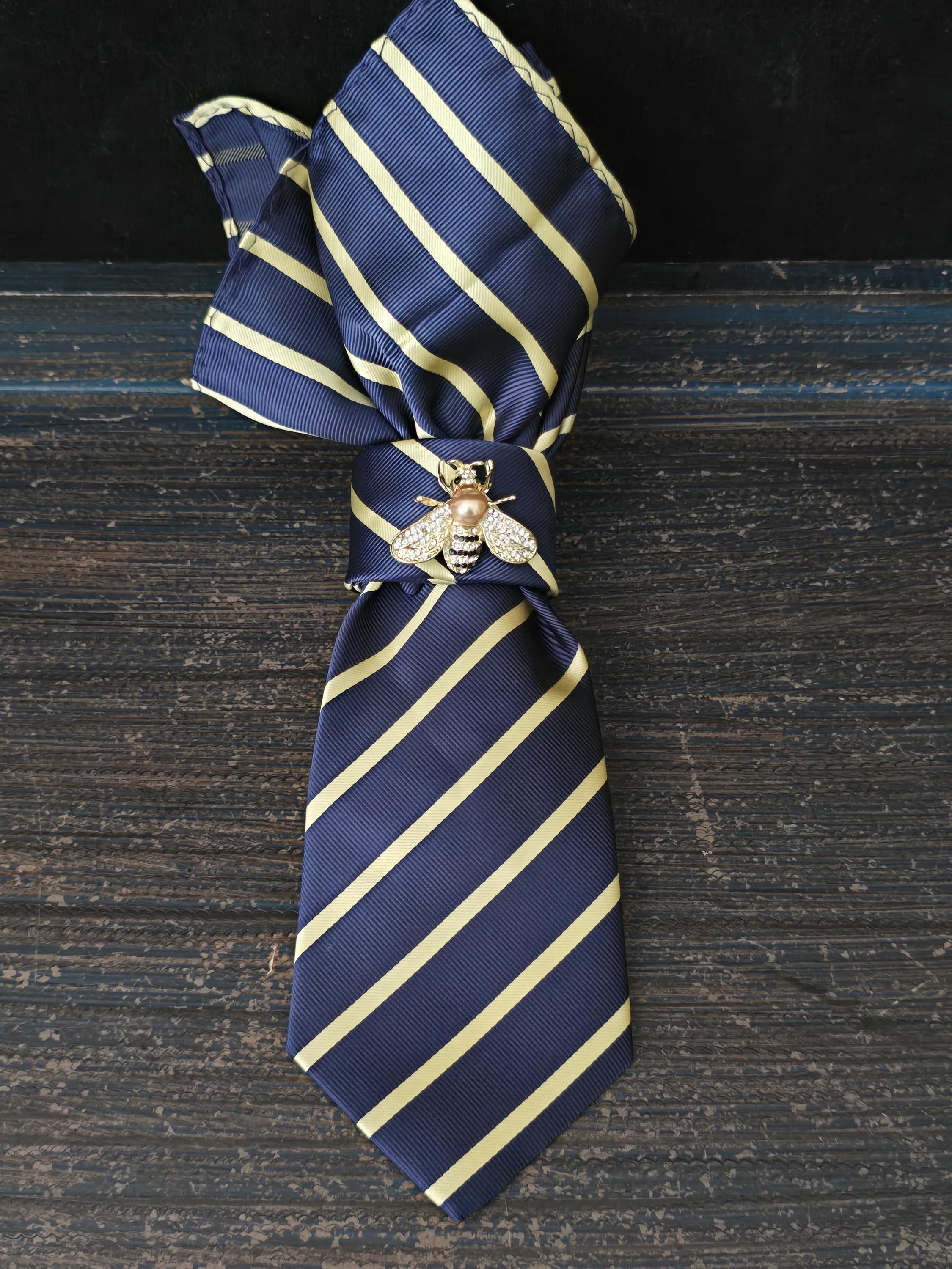 Women’s Blue & Yellow Decorative Necklace Tie with Bee Brooch Floral Silk Tie Necklace: Handmade Women main image 4