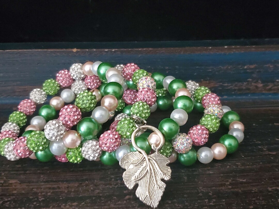 Pink and Green Bracelet Stack, Pink and Green Pearl Wrap Bracelet