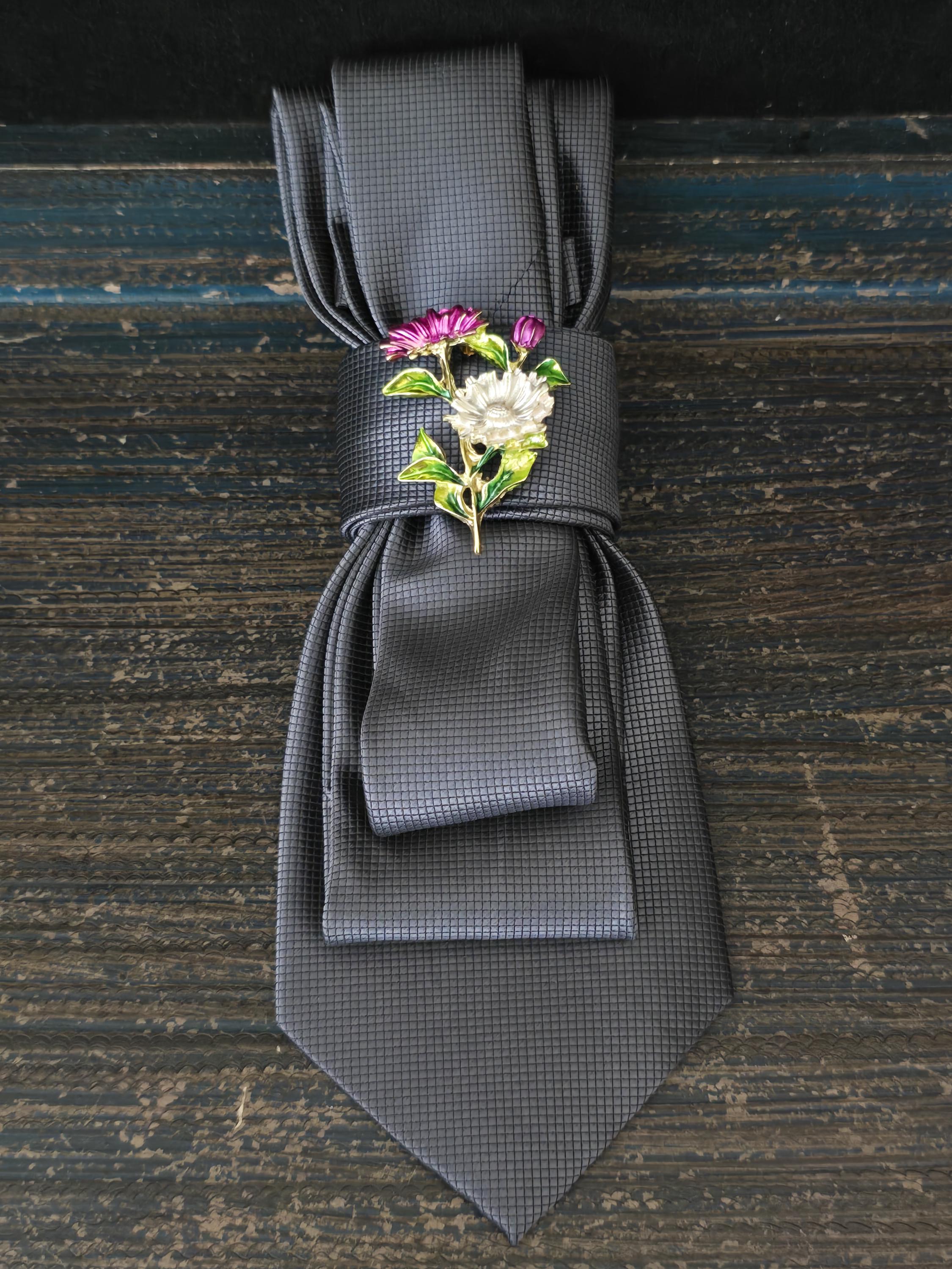 Elegant Gray Floral Bow Silk necklace Tie with Silver Brooch Floral Brooch Necktie Necklace | Gray Silk Tie, Rosary Chain  main image 3
